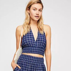 Free People Womens Size Small Summer Siesta Halter Tie‎ Top Plaid Blue White